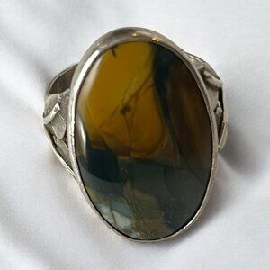 Vintage 1.33" Agate Ring Multicolor Set Unmarked Silver Palm Leaf Band Size 8.5